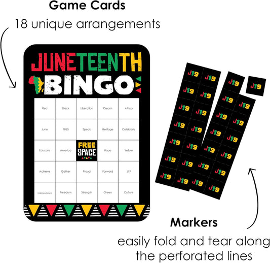 Big Dot of Happiness Happy Juneteenth - Bingo Cards and Markers - Freedom Day Party Shaped Bingo Game - Set of 18