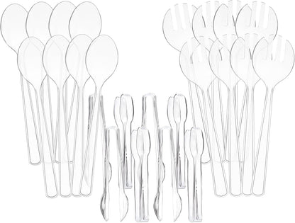 Set of 12 Heavy Duty Disposable Plastic Serving Utensils! 10” Spoons & Forks and 6-1/2” Tongs