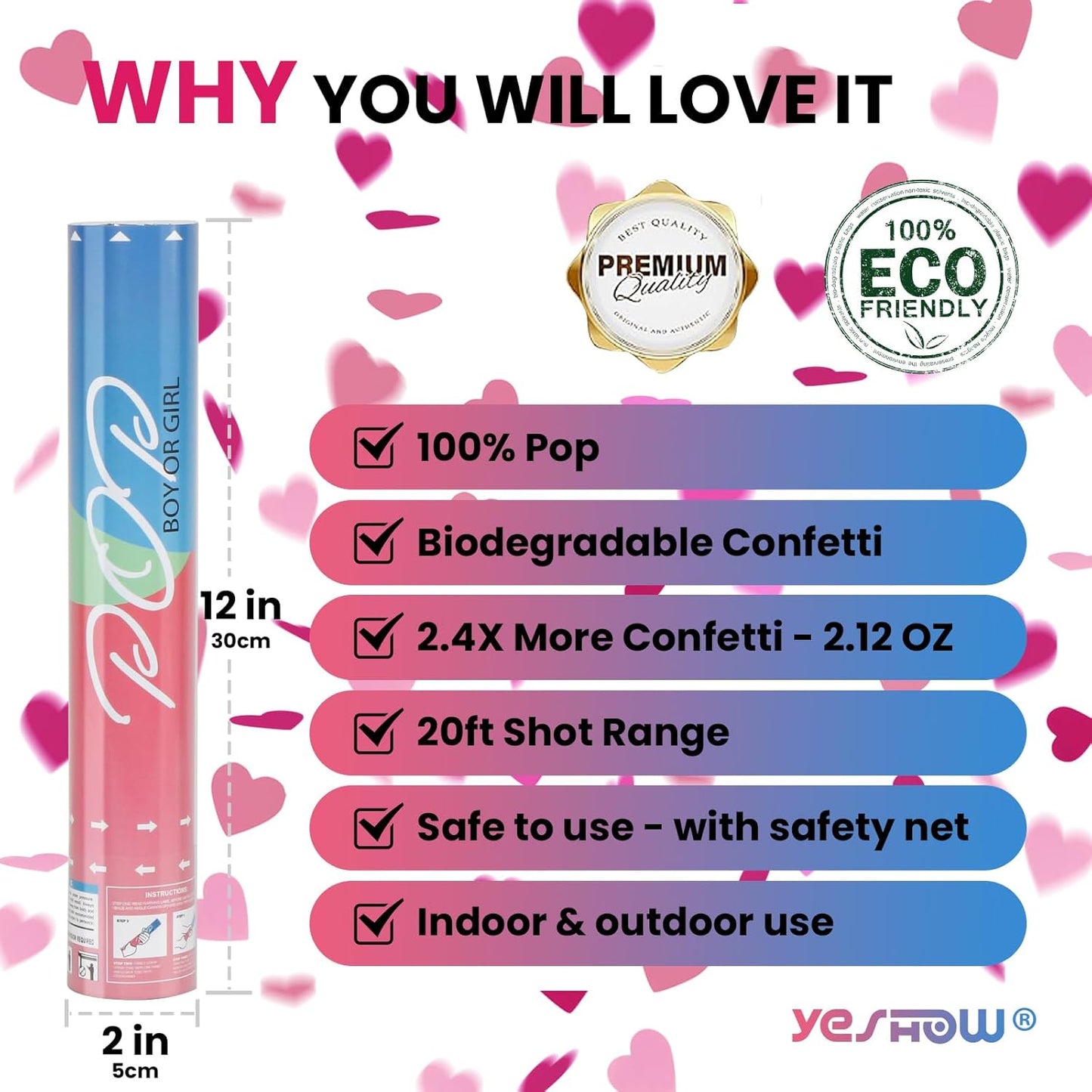 Gender Reveal Confetti Poppers, Blue Confetti Cannon 2 Pack with Heart Shaped Party Confetti for Baby Shower, Birthday, Gender Reveal Party Supplies - 12 inch