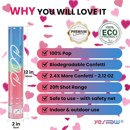 Gender Reveal Confetti Poppers, Blue Confetti Cannon 2 Pack with Heart Shaped Party Confetti for Baby Shower, Birthday, Gender Reveal Party Supplies - 12 inch