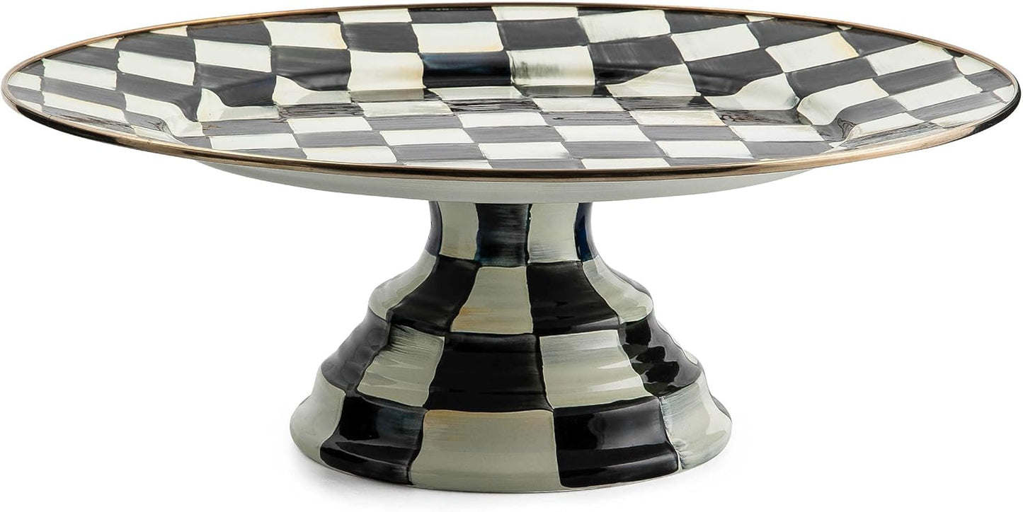 MACKENZIE-CHILDS Enamel Pedestal Platter, Round Cake Stand, Large, Black-and-White Courtly Check