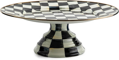 MACKENZIE-CHILDS Enamel Pedestal Platter, Round Cake Stand, Large, Black-and-White Courtly Check