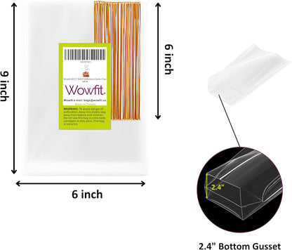 Wowfit 50 CT 8x11 inches Clear Bottom Gusset Cellophane Treat Bags with 6" Gold Twist Ties, Cello Packaging for Mugs, Dessert, Muffins, Party Favors and Gift Wrapping