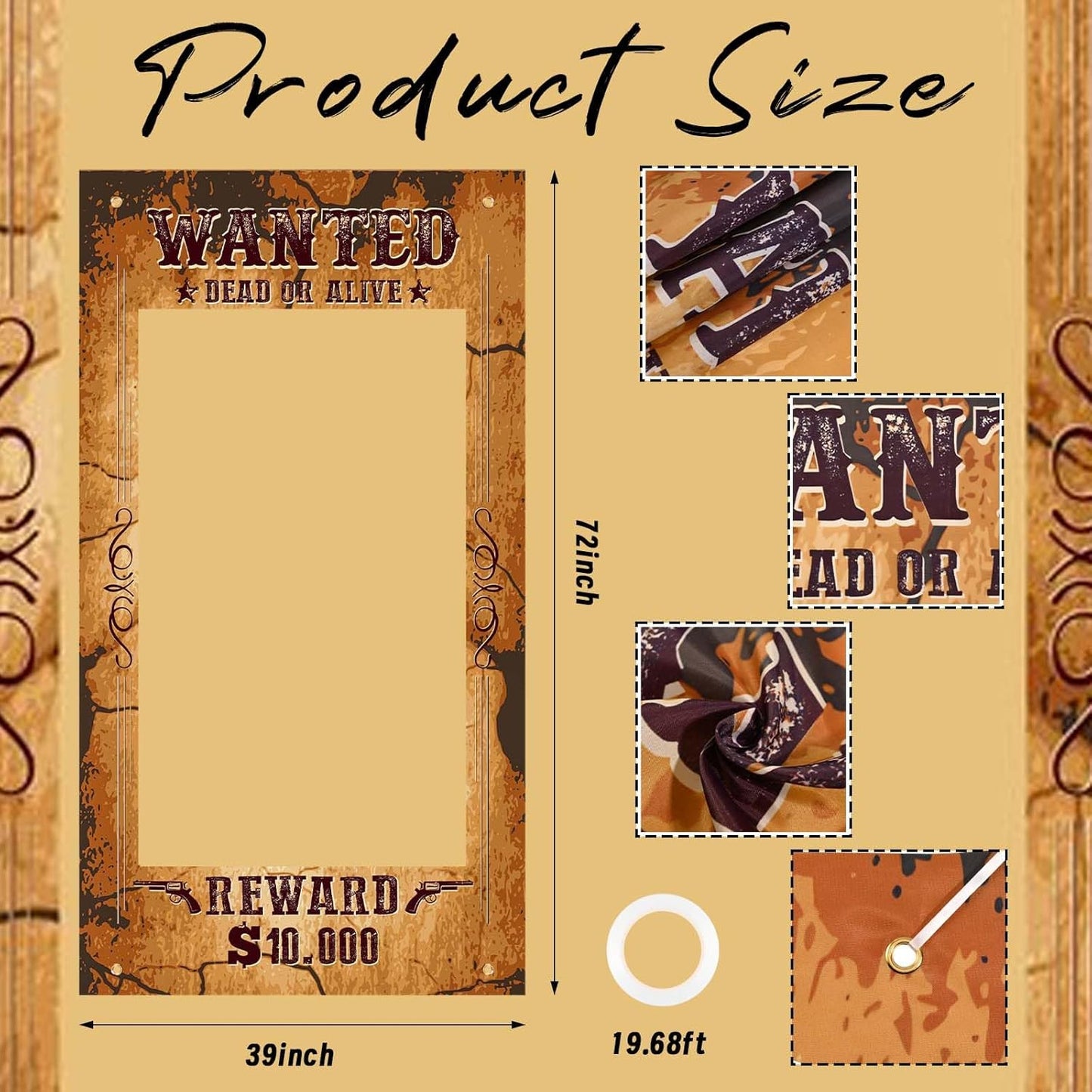 Large Western Wanted Poster Western Cowboy Party Decoration Wanted Photo Booth Frame Wild West Selfie Banner Backdrop for West Cowboy Birthday Party Retro Rustic Decoration Supplies (Brown)