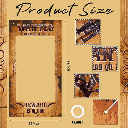 Large Western Wanted Poster Western Cowboy Party Decoration Wanted Photo Booth Frame Wild West Selfie Banner Backdrop for West Cowboy Birthday Party Retro Rustic Decoration Supplies (Brown)