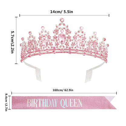 CAVETEE Red Black Birthday Crown and Sash for Women Sash & Rhinestone Tiara Set Red and Black Party Decorations Birthday Queen Crowns Tiaras for Women