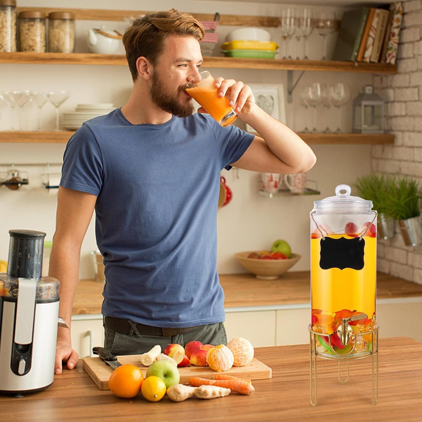 Drink Dispensers for Parties 1 Gallon, Bevarage Dispenser with Stand,Glass Drink Dispenser With Stainless Steel Spigot + Marker & Chalkboard, Ideal for Lemonade,Juice, Tea, and Party Drinks