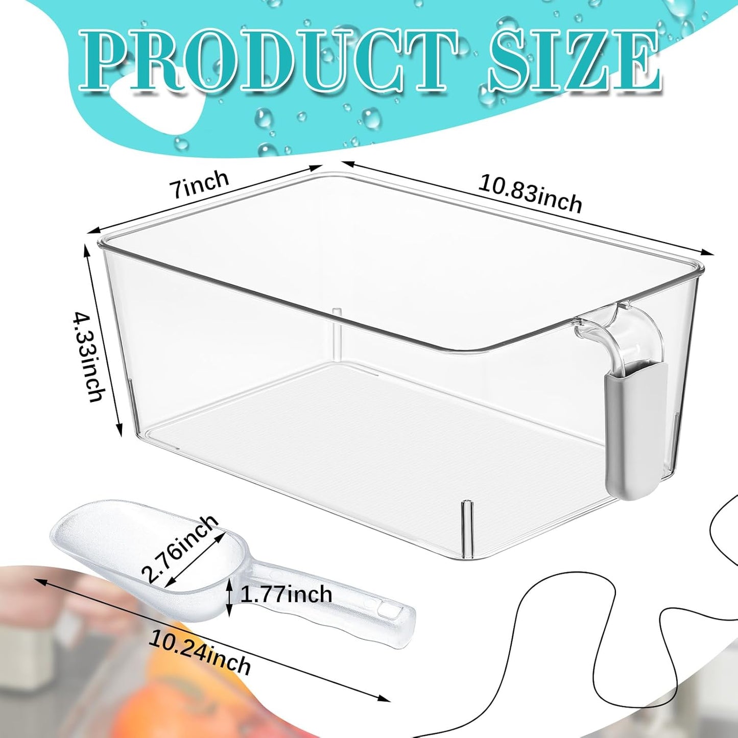 Havawish Ice Storage Bin and Flexible Scoop Set Plastic Freezer Bin with Pull Out Handle Storage Bucket Clear for Container with Scoop(Grey,10.83 x 4.92 x 4.33 in,Classic)