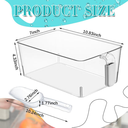Havawish Ice Storage Bin and Flexible Scoop Set Plastic Freezer Bin with Pull Out Handle Storage Bucket Clear for Container with Scoop(Grey,10.83 x 4.92 x 4.33 in,Classic)