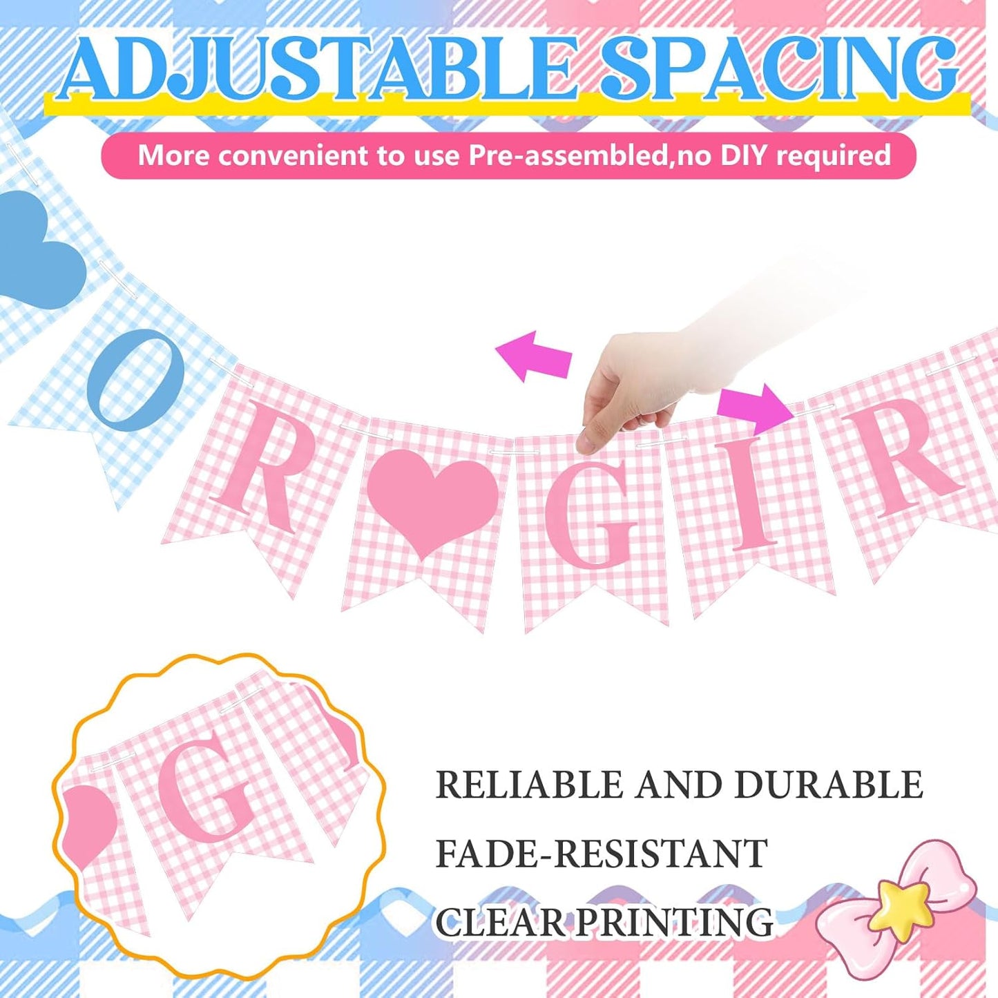 Hahafelt 1 Pcs Blue Gingham Welcome Baby Boy Banner for Baby Shower Party Decorations Pre Strung Gender Reveal Paper Banner for Table, Wall, Mantel Display Party Decor Supplies