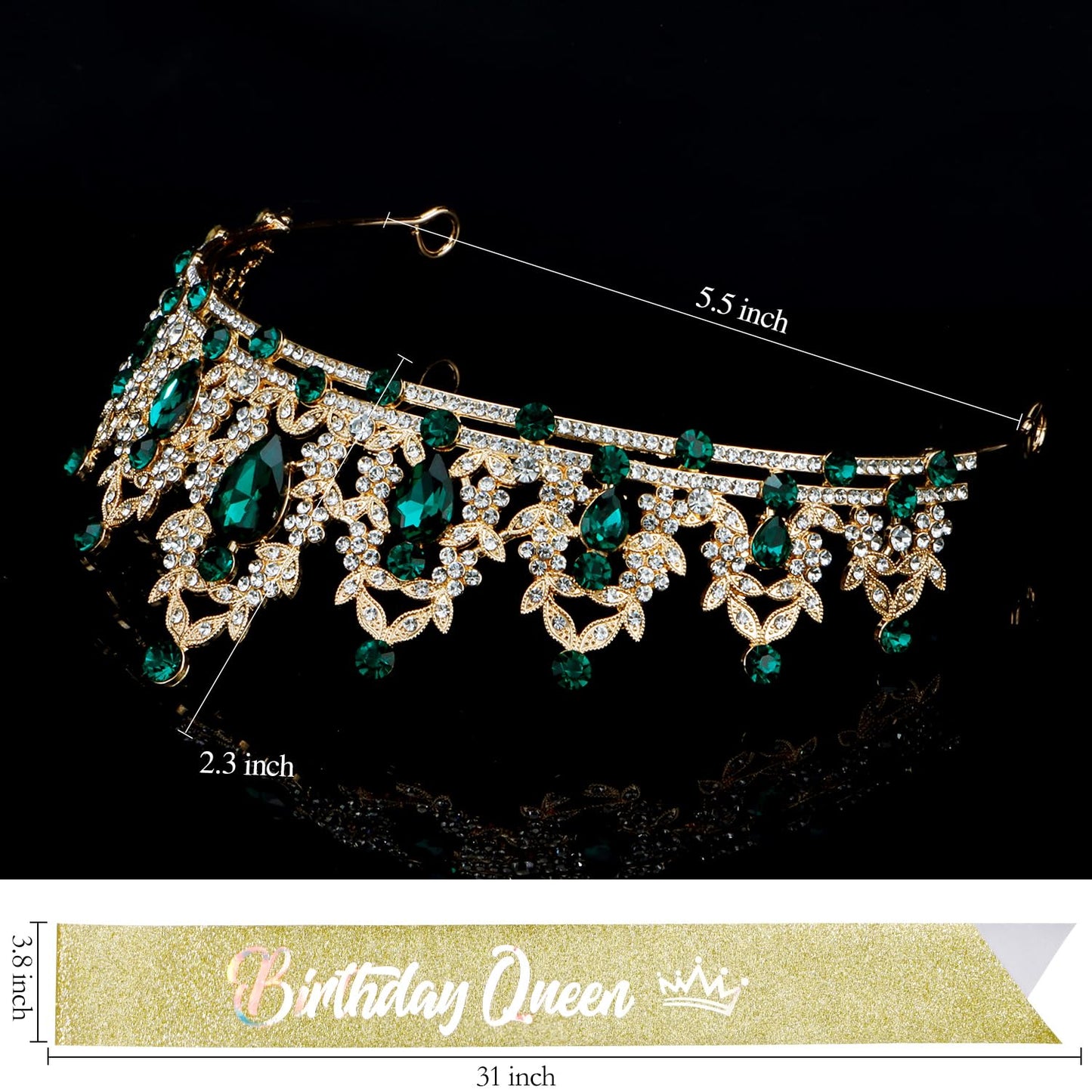 Atoden Green Birthday Crown and Sash Tiara for Women and Girls, Crystal Rhinestone Tiara for Birthday Party, Wedding, Quinceanera, Prom, Festival, EF8277