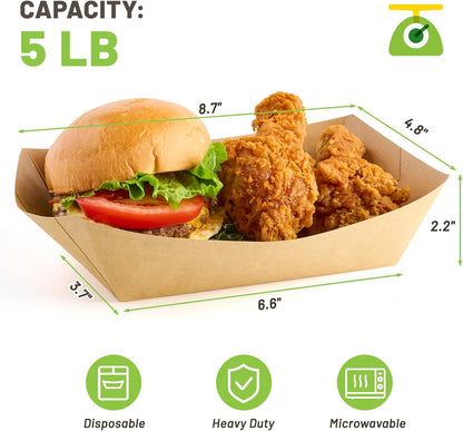 ZORRITA 3 Lb Paper Food Trays - 50 Pack Disposable Nacho Trays, Kraft Paper Food Boats Taco Holders Party Serving Baskets for Hot Dogs Snacks Tacos Fries