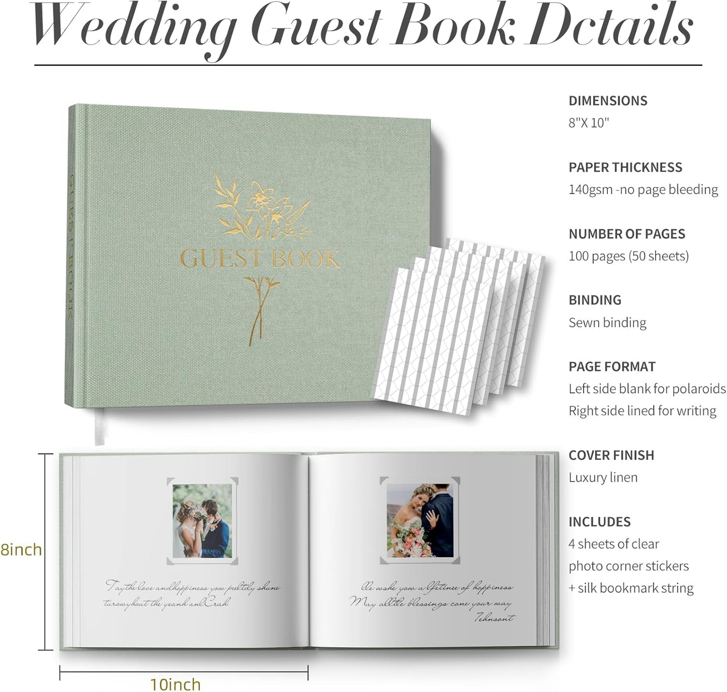 Wedding Guest Book for Memorial Service with 216 Photo Corners Stickers, Linen Guestbook to Sign at Bridal Shower or Wedding Reception Party,100 Pages, Blank Thick Paper Books for Baby Shower- Sage