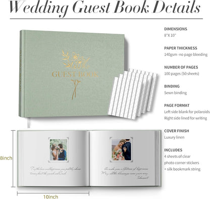 Wedding Guest Book for Memorial Service with 216 Photo Corners Stickers, Linen Guestbook to Sign at Bridal Shower or Wedding Reception Party,100 Pages, Blank Thick Paper Books for Baby Shower- Sage