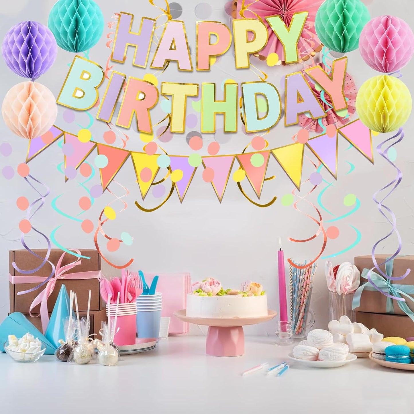 Fecedy Happy Birthday Banner With Colorful Paper Flag Bunting Paper Circle Confetti Garland Swirl Streamers Honeycomb ball for Birthday Party Decorations