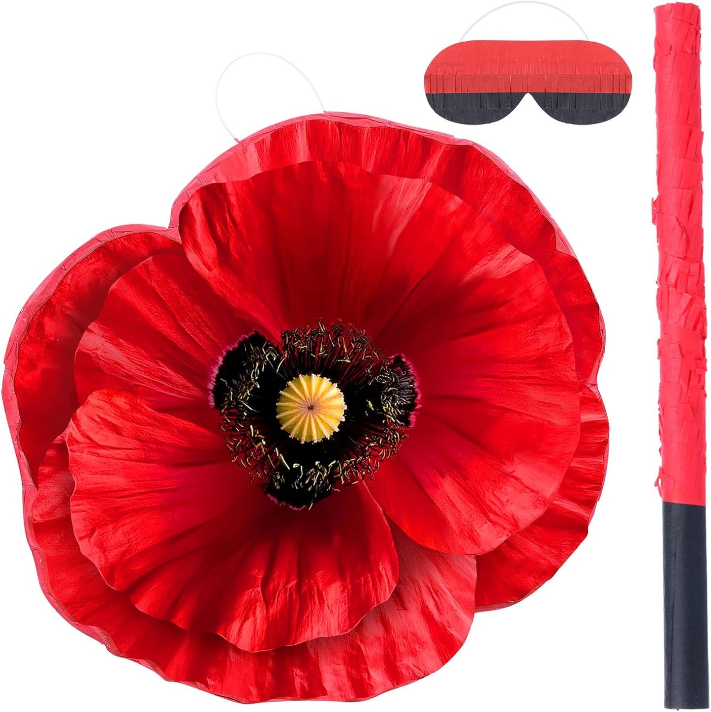 Kasyat Wizard Theme Party Decorations Red Poppy Piñata Game Set Poppy Flower Piñata with Bat Stick Blindfold Mask Birthday Party Decor for Red Floral Wizard Birthday Baby Shower Game Supplies (Flower)