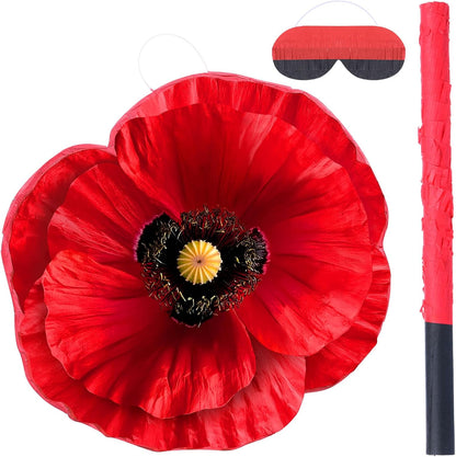 Kasyat Wizard Theme Party Decorations Red Poppy Piñata Game Set Poppy Flower Piñata with Bat Stick Blindfold Mask Birthday Party Decor for Red Floral Wizard Birthday Baby Shower Game Supplies (Flower)