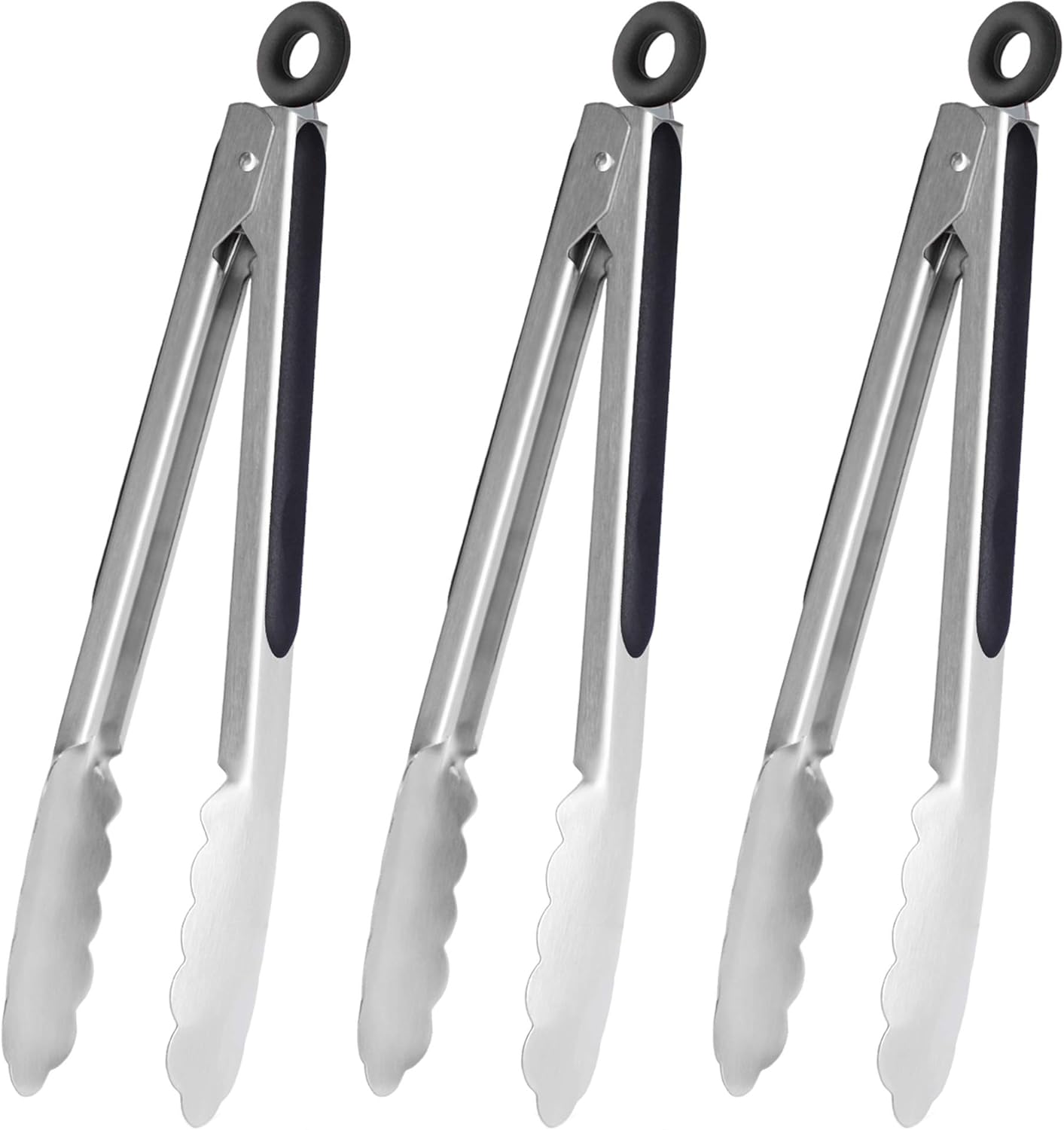 HINMAY Serving Tongs 9-Inch Cooking Tongs with Silicone Tips, Set of 3 (Black)
