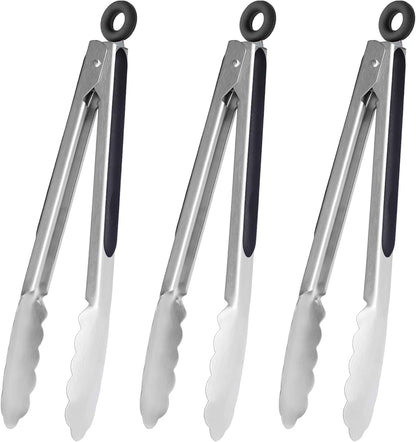 HINMAY Serving Tongs 9-Inch Cooking Tongs with Silicone Tips, Set of 3 (Black)