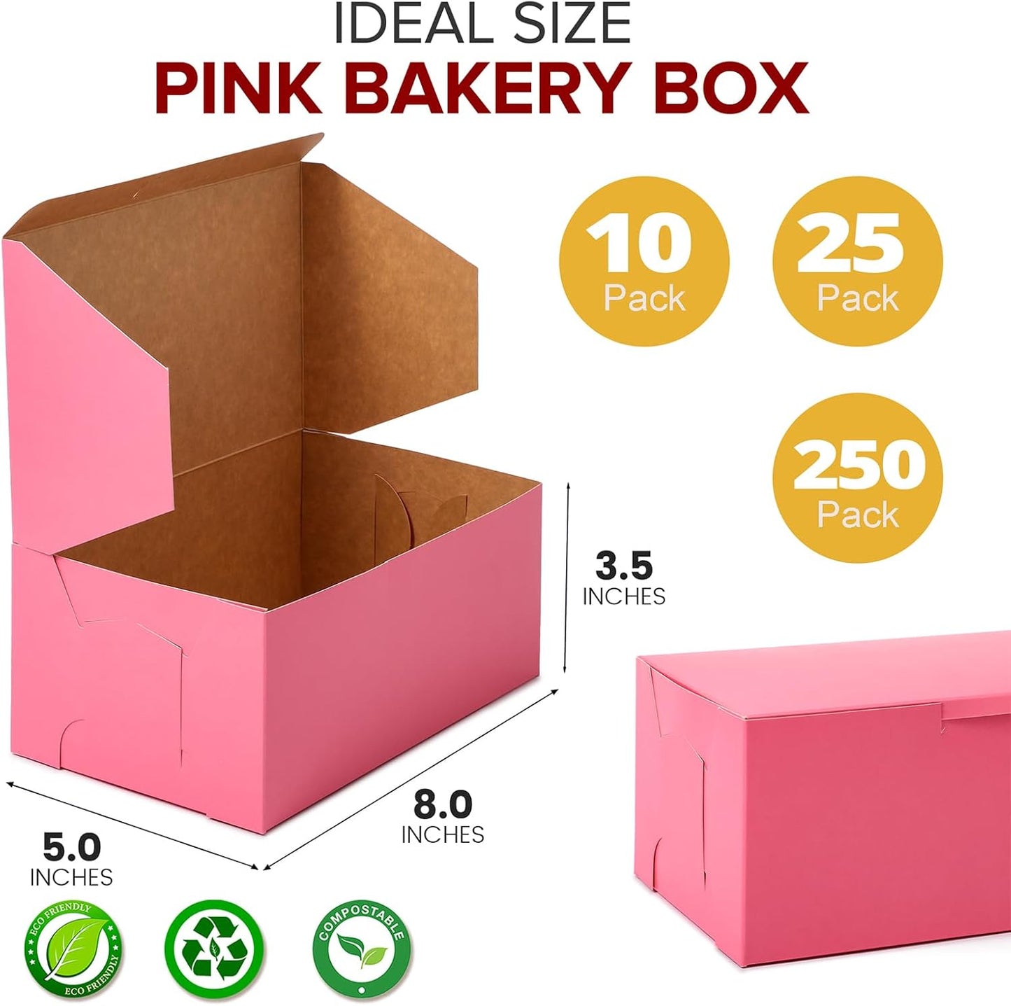 Fit Meal Prep [25 Pack] Pink Bakery Boxes 8x8x4 Pastry Box for Cupcakes, Desserts, Cookies, Candies Ideal Packaging for Bakeries and Home-made Baked Goods, Favors, and Gifts