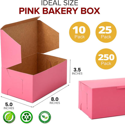 Fit Meal Prep [25 Pack] Pink Bakery Boxes 8x8x4 Pastry Box for Cupcakes, Desserts, Cookies, Candies Ideal Packaging for Bakeries and Home-made Baked Goods, Favors, and Gifts