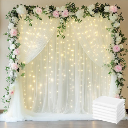 Fomcet Tulle Backdrop Curtains with Lights String White 10FT X 8FT Sheer Curtain with Lights Tulle Curtains Backdrop for Wedding Birthday Party Baby Shower Photo Shoot (2 Panels 5x8FT)