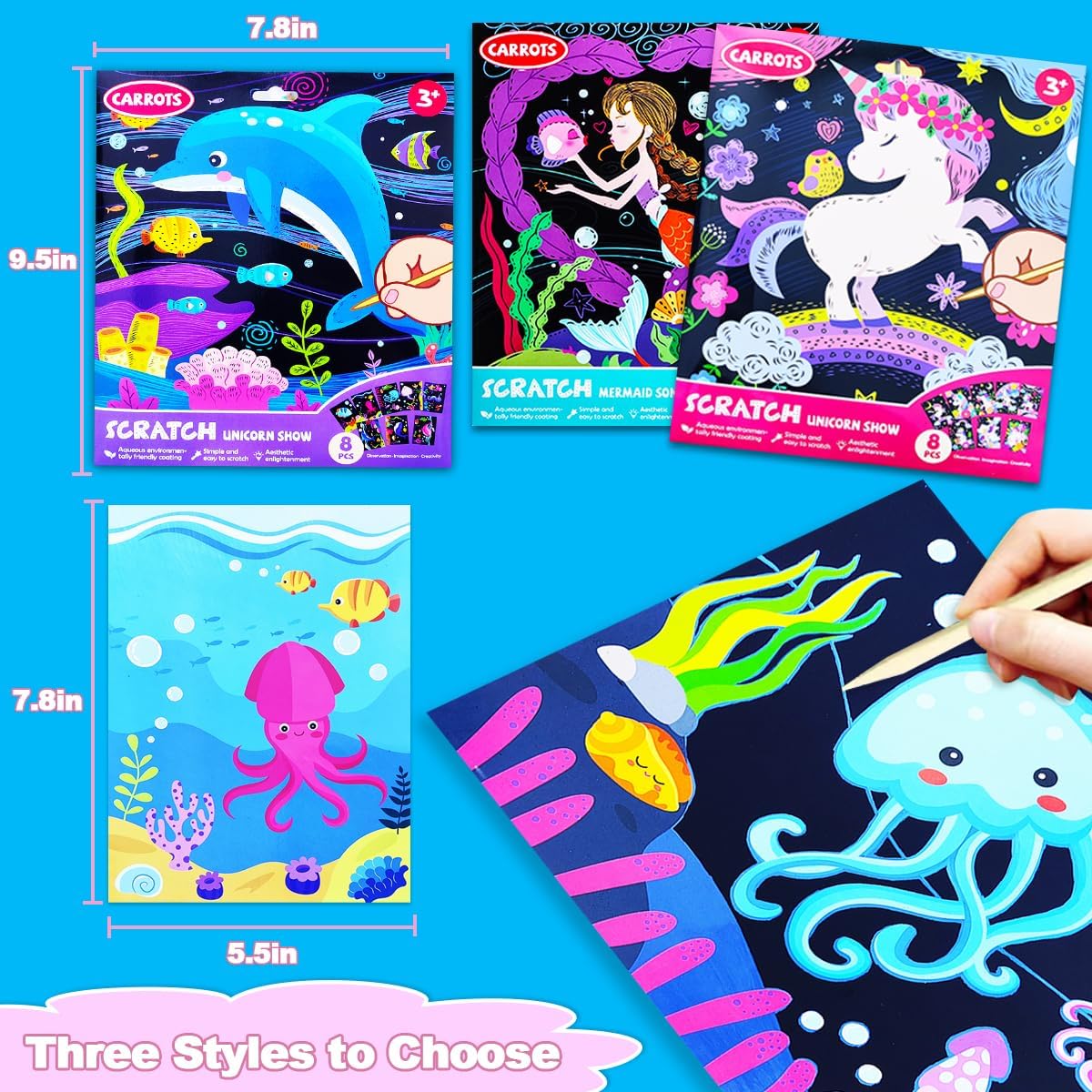 BAOXUE Scratch Art for Kids, Mermaids Black Rainbow Scratch Paper Set-Arts And Crafts & Supplies, DIY Activity & Party Games, Mermaid Toys Gifts for Toddlers, Girls