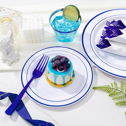 WELLIFE 350-Piece Gold Disposable Plates and Cutlery Set - Premium 10.25" Dinner Plates, 7.5" Dessert Plates, 9oz Cups & Cutlery for Weddings, Catering Events - 50 Guest Service - Elegant & Sturdy