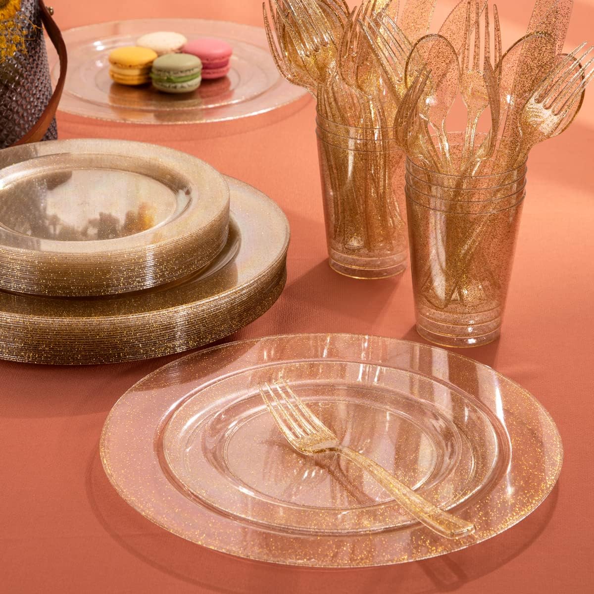 I00000 102 Pieces Gold Plastic Plates, Disposable Party Plates White Gold Rim, 51 Disposable Gold Dinner Plates 10.25 Inch and 51 Disposable Dessert Appetizer Elegant Fancy Wedding Plates 7.5 Inch