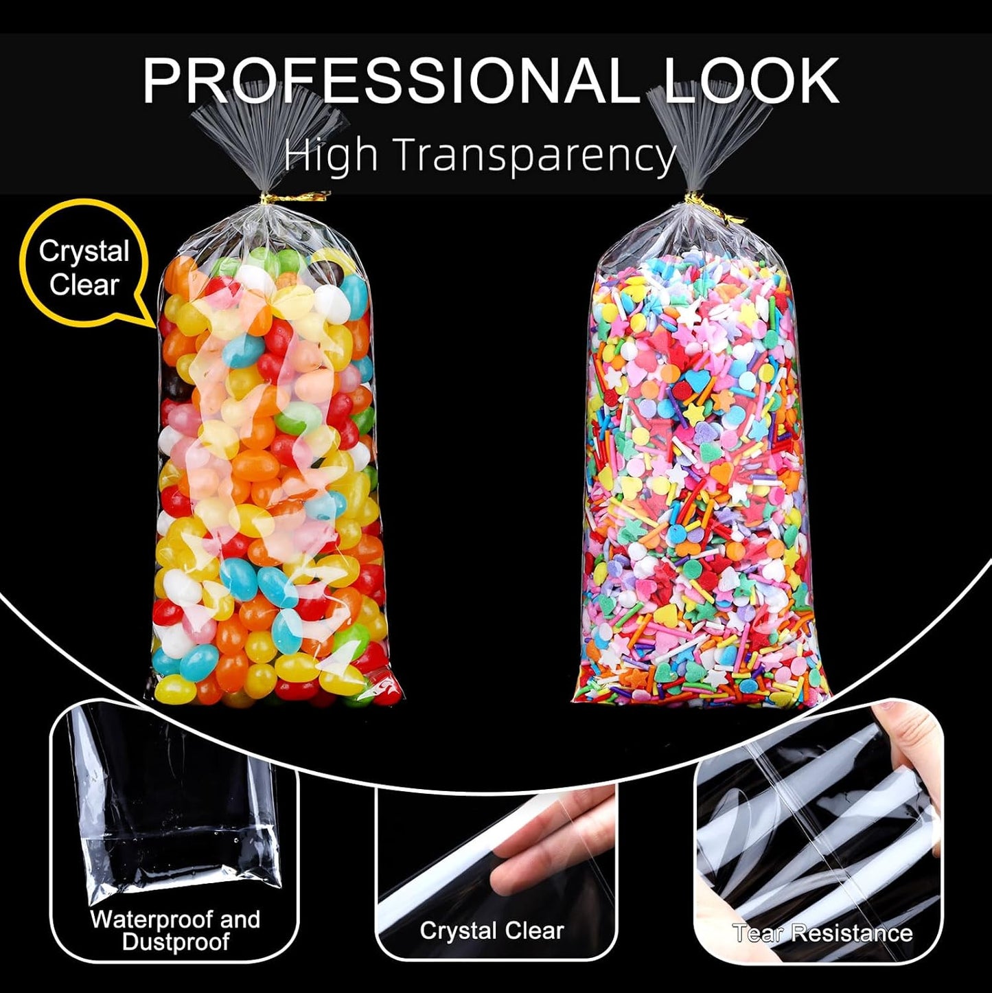 Clear Candy Bags 100pcs 6X10 Cellophane Treat Bag Party Favor Goodie Cake Pop Gift Apple Cello for Gift Baskets Bakery Cookie with Ties
