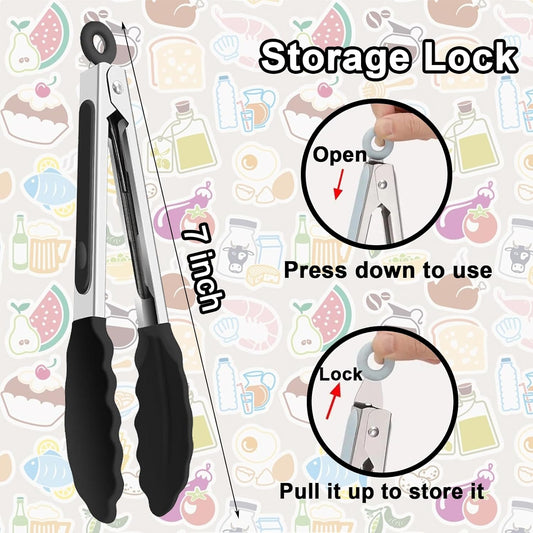 6 PCS Silicone Tongs,Cooking Tongs with Silicone Tips,7 Inch Stainless Steel Silicone Kitchen Tongs,Heat Resistant Non-Stick,for Cooking Grilling Salad,BBQ Tongs with Locking