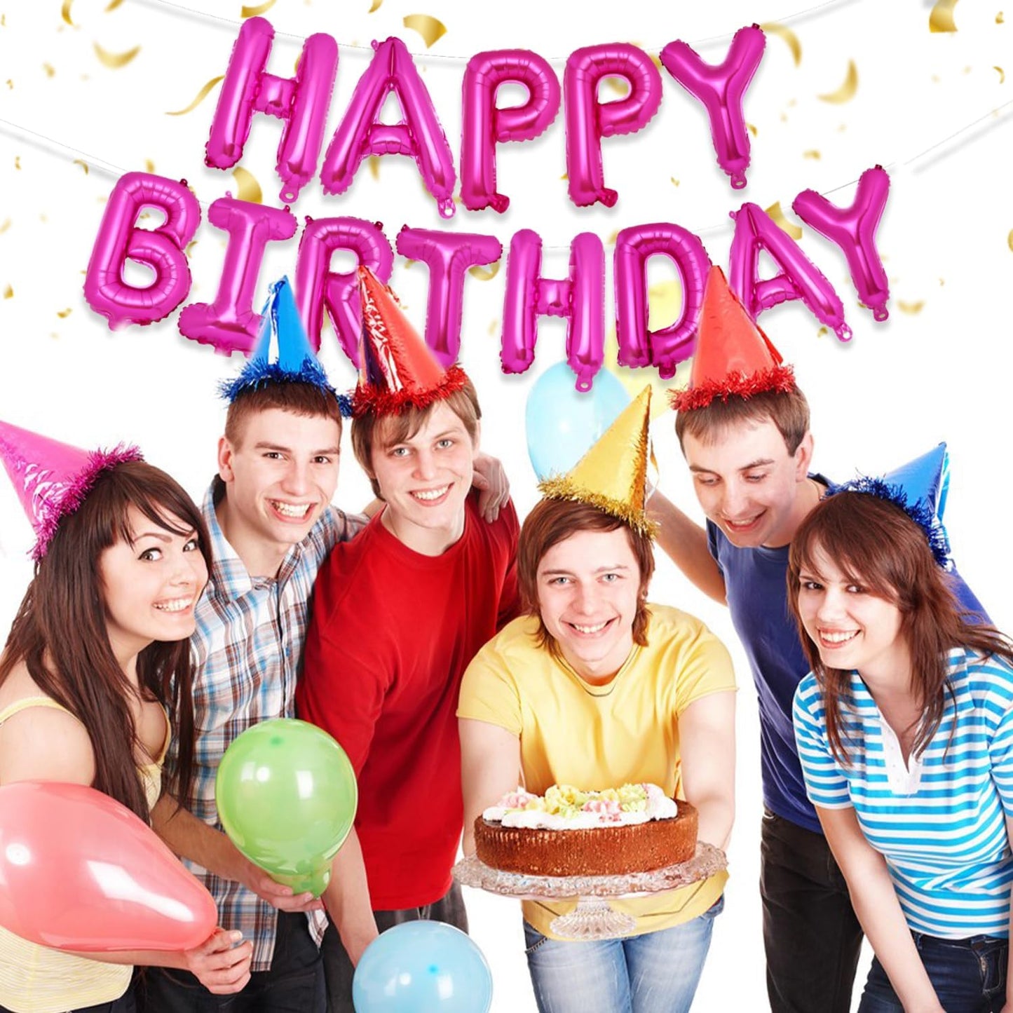 PIGETALE Happy Birthday Banner, 16 Inch Mylar Foil Letters Sign Bunting Happy Birthday Balloon Letters Balloons Reusable Ecofriendly Material for Girls Boys Kids Women Men (Hot Pink)