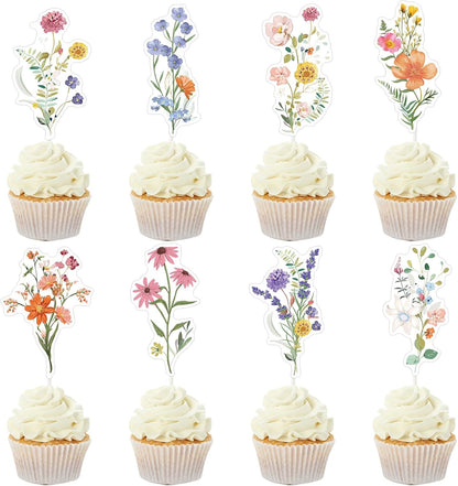 Rngmsi Flower Birthday Cupcake Toppers Decorations, 40PCS Wildflower Baby in Bloom Baby Shower Cake Decorations for Girls Women, Garden Floral Fairy Party Decor