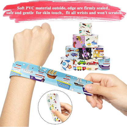 74pcs Transportation Party Favors Set ,24 Slap Bracelets and 50 Sheets Vehicle Stickers, Construction Truck Airplane Car Train Rocket Theme, Party Supplies Goodie Bag Fillers, Bulk Value Gift Pack