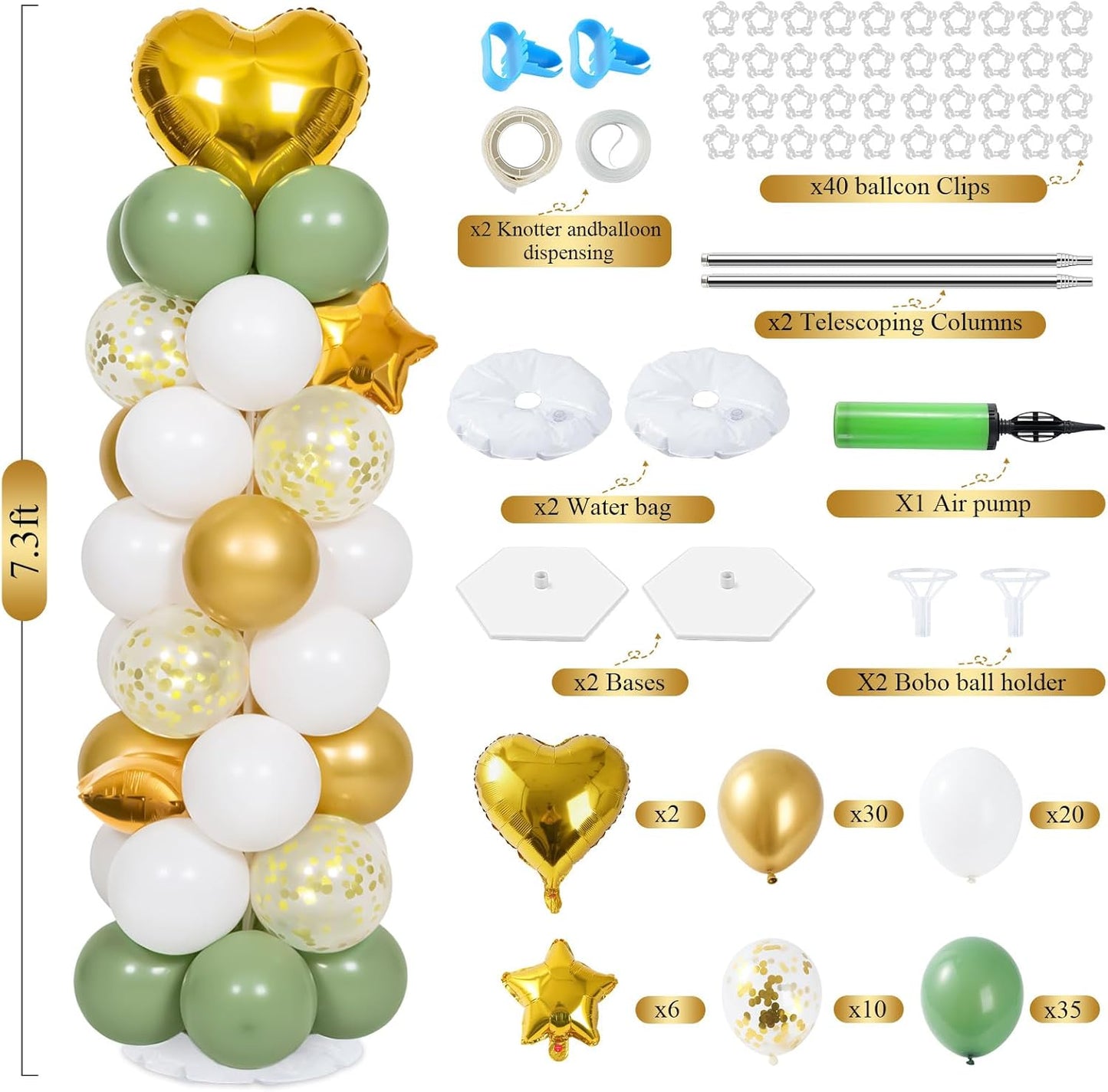 2 Sets 7FT Balloon Column Stand Kit with 103PCS Balloons – Adjustable Metal Balloon Tower with Weighted Base & Water Bags (Avocado Green & Gold)