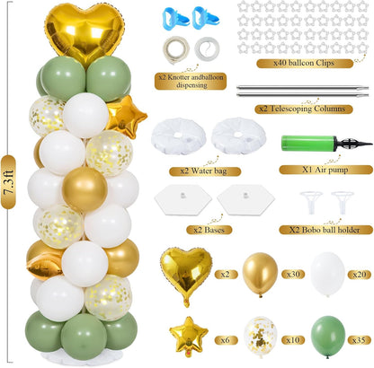 2 Sets 7FT Balloon Column Stand Kit with 103PCS Balloons – Adjustable Metal Balloon Tower with Weighted Base & Water Bags (Avocado Green & Gold)