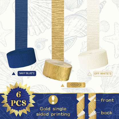 NICROLANDEE Navy Blue Party Decorations - 6 Rolls Navy Blue Gold Ivory Crepe Paper Streamers Tassels Paper for Graduation Party Bridal Shower Wedding Birthday Supplies