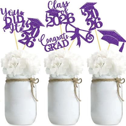 Graduation Centerpiece Sticks 24PCS Glitter Grad Picks Party Table Decor Senior High School College Sign Gold