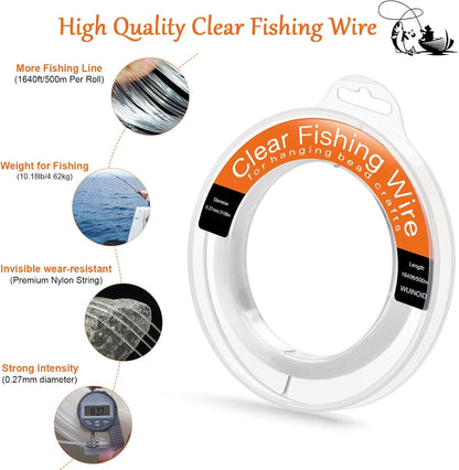 Clear Fishing Line Wire 755 ft, Invisible Monofilament Fishing Line Wire, Nylon String for Hanging Balloons Garland Crafts Picture Decorations, Clear String Threads Cords WUINOID