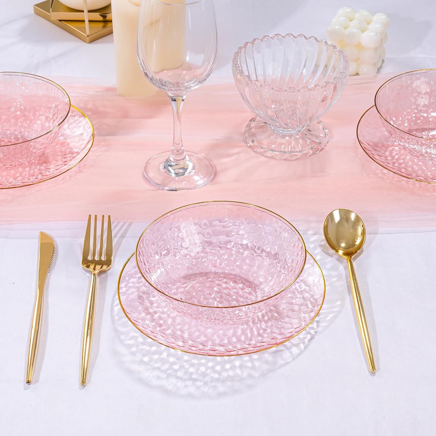 I00000 30 Pack 12 Ounce Pink Plastic Bowls Hammered Clear Bowl with Gold Rimmed, Heavy Duty Disposable Bowl Set,Elegant Salad/Dessert/Ice Cream Small Bowls for Party Weddings