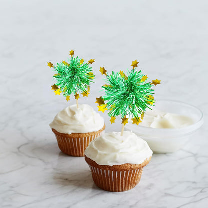 Ephlyn 30Pcs Foil Firework Cupcake Toppers Sparkle Tinsel Cupcake Picks Drink Stirrers Cocktail Food Fruit Toothpicks for Baby Shower Graduation Party Supplies White
