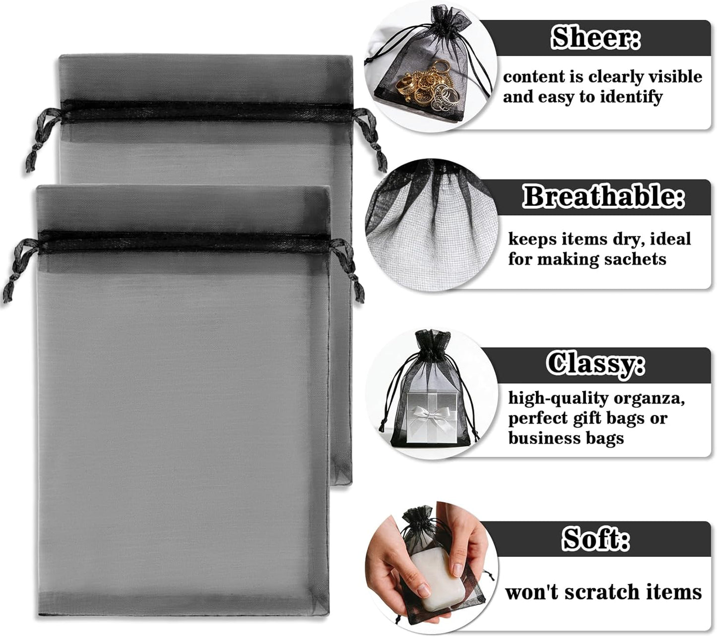 Sukh 100pcs Organza Bags 5''x7'' - White Sheer Mesh Drawstring Bags for Jewelry, Soap, Fruits, Candy, Small Gift Bags for Weddings, Valentine's Day, Mother's Day, Halloween, Thanksgiving, Christmas