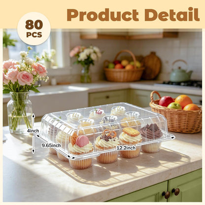 JarThenaAMCS 80 Pack Plastic Cupcake Containers 4-Compartment Clear Boxes Disposable Cupcake Tray Holders 4 Cavity Cupcakes Carriers with Deep Dome for Muffin Packaging