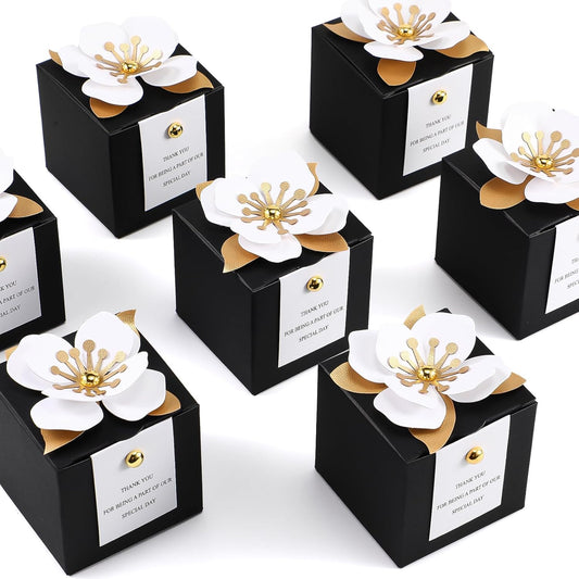Affrolling 50 Pcs Wedding Favor Boxes with Thanks Card Square Flower Candy Boxes Paper Bridal Gift Box for Guests Wedding Bridal Shower Birthday Party Anniversary(Green)