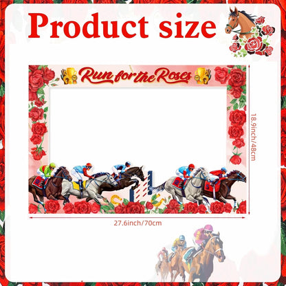 YVAINE Kentucky Horse Photo Booth Frame with 25 Pcs Kentucky Horse Racing Derby Day Photo Booth Props Run for The Rose Photo Frame for Derby Day Birthday Party Supplies