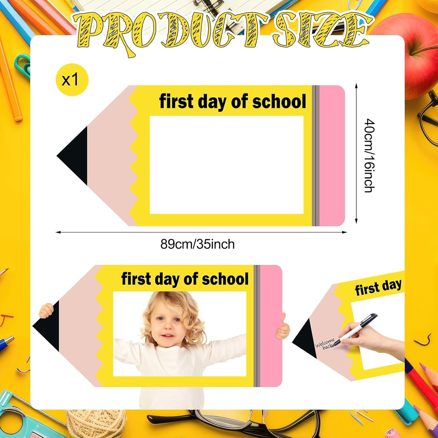 Aurelema 35 x 16 Inch First Day of School Back to School Party Photo Booth Prop Selfie Frame KT Board Pencil Shape Picture Frame Prop Welcome Party Supplies for Students Teacher Classroom