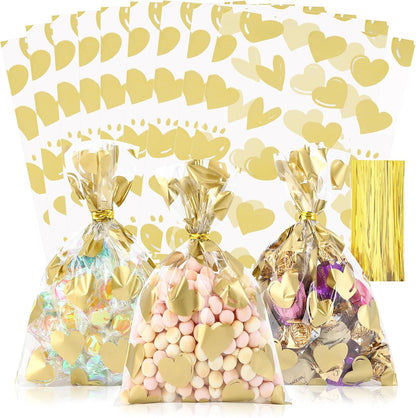 100 Pcs Star Printed 5"X 7" Gift Wrap Cello Cellophane Treat Bags Party Favor bags Clear Candy Cookie Bag Plastic Poly Goodie Storage Bag with Twist Ties for Bakery,Birthday, Wedding ,Party Decorations (Gold)
