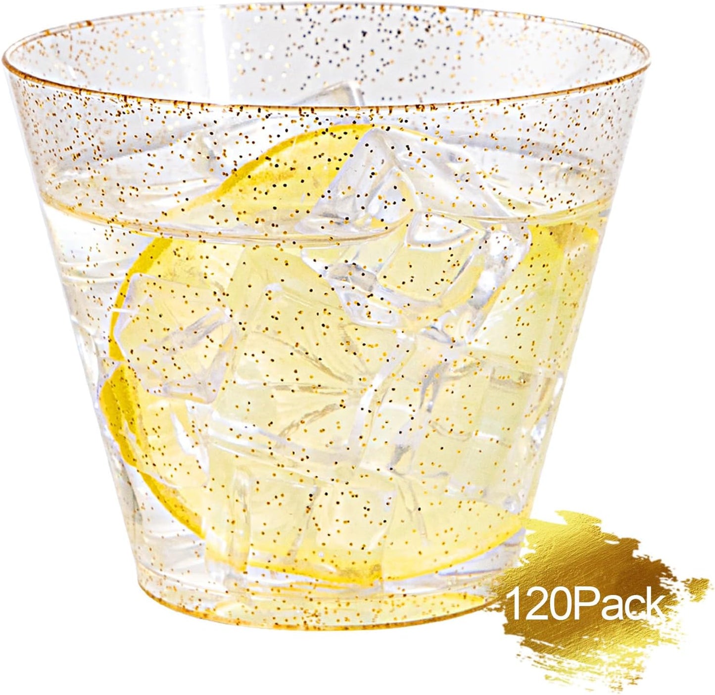 Nervure 120PCS Gold Plastic Cups - 9Oz Gold Rimmed Plastic Cups - Heavy Duty Disposable Clear Cup with Gold Rim Perfect for Weddings, Receptions & Parties