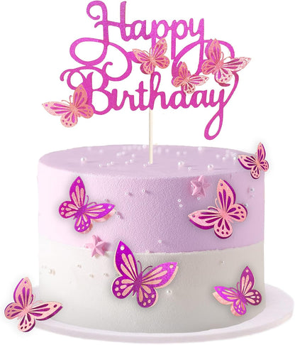 13-Pieces 3D Butterfly Cupcake Topper for Girls Women's Happy Birthday Cake Decorations Party Decorations(Pink)