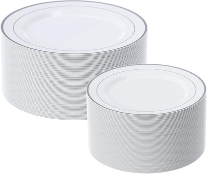 FOCUSLINE Silver Plastic Plates Set of 60, Disposable Plates with Silver Rim 30 Dinner Plates 10" and 30 Salad Dessert Appetizer Plate 7", Elegant Fancy Heavy Duty Wedding Party Plates